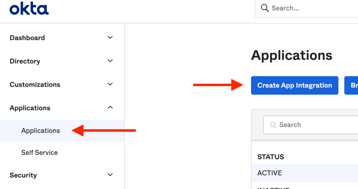 Create new app integration in Okta admin console